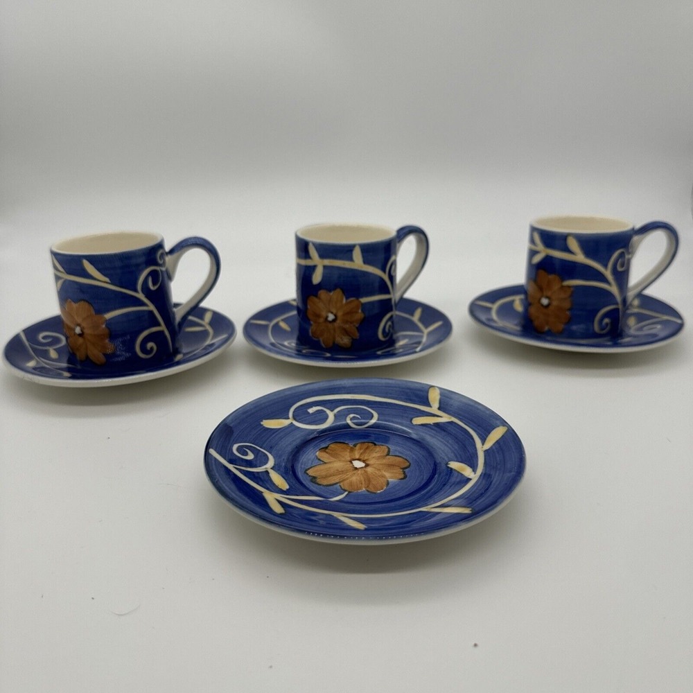 Herman Dodge & Son Hand-Painted Expresso 3 CupsAnd 4 Saucers Blue Floral Design
